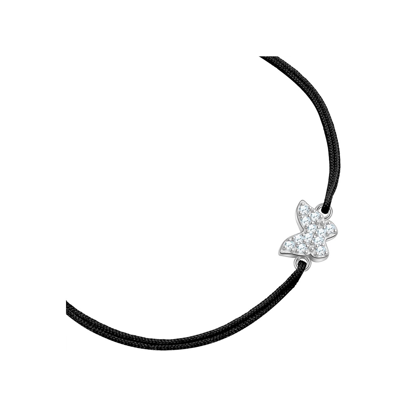 Un bracelet Glanzstücke München en argent 925 avec un fil noir, orné d'un papillon en zircone.
