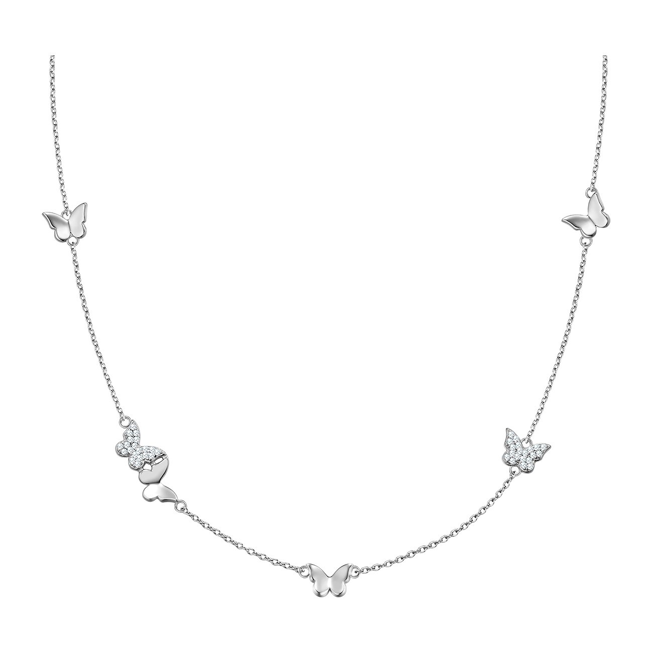 Glanzstücke München 925er Silber Halsschmuck mit mehreren Schmetterlingen, zwei davon mit Zirkonia-Farbsteinen besetzt.