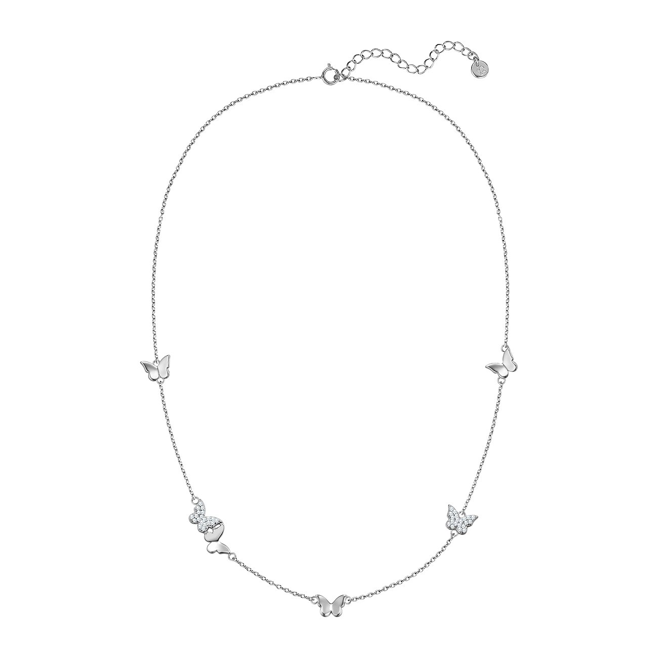 Glanzstücke München 925er Silber Halskette mit fünf schmetterlingsförmigen Anhängern, teilweise mit Zirkonia-Steinen.