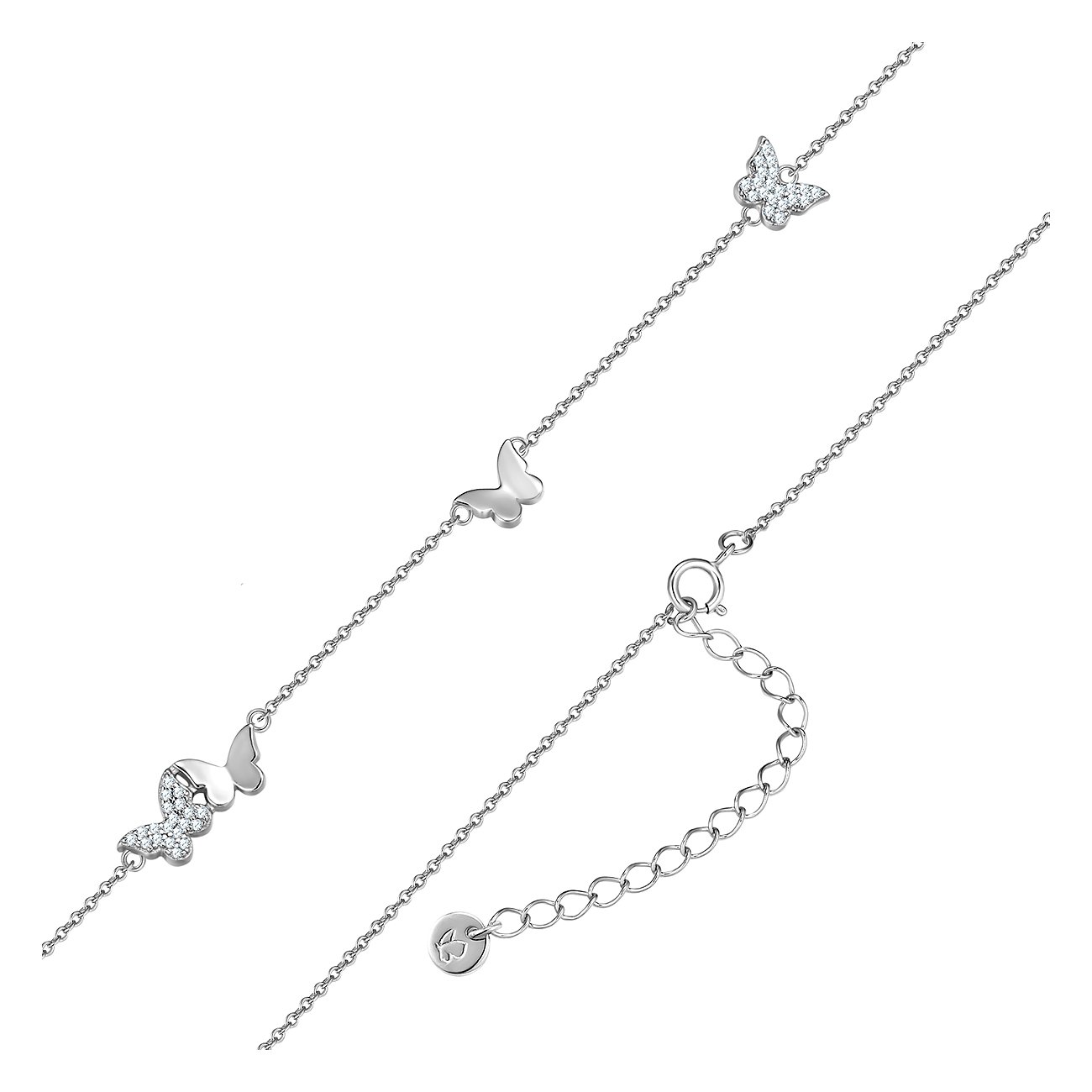Glanzstücke München Schmetterlingskette aus 925er Silber mit mehreren Schmetterlingsmotiven und Zirkonia Farbsteinen.