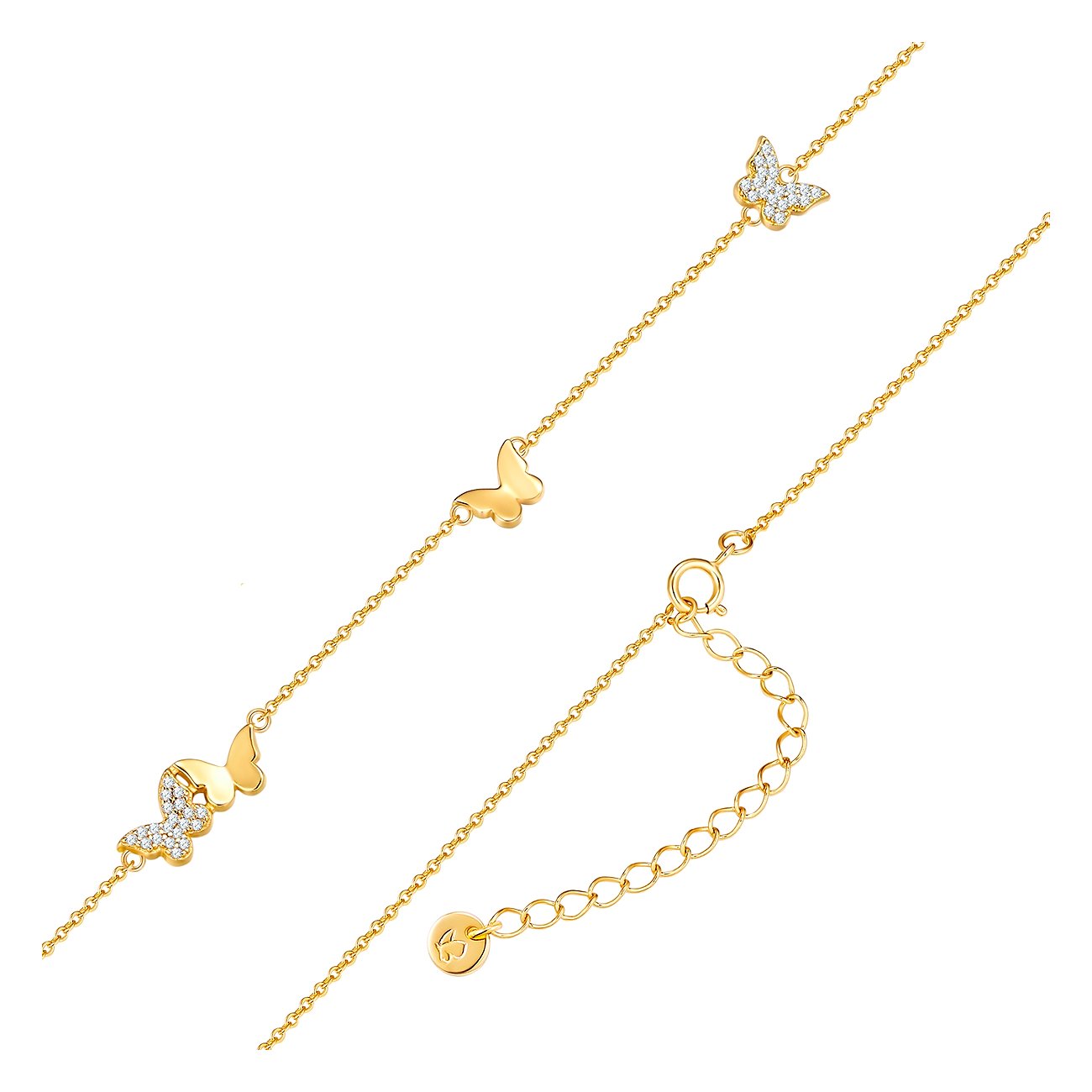 Glanzstücke München chaîne en argent dorée avec motifs papillons, partiellement sertie de pierres de zircone.