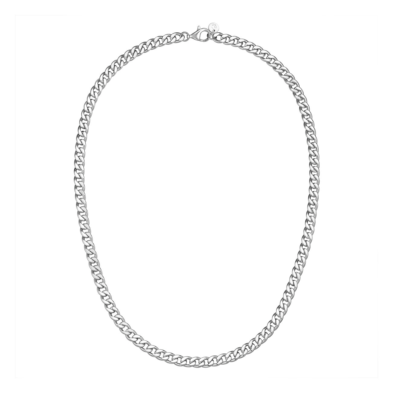 Glanzstücke München Halskette aus 925er Silber: klobige, glänzende Silberkette mit Karabinerverschluss, flach liegend.