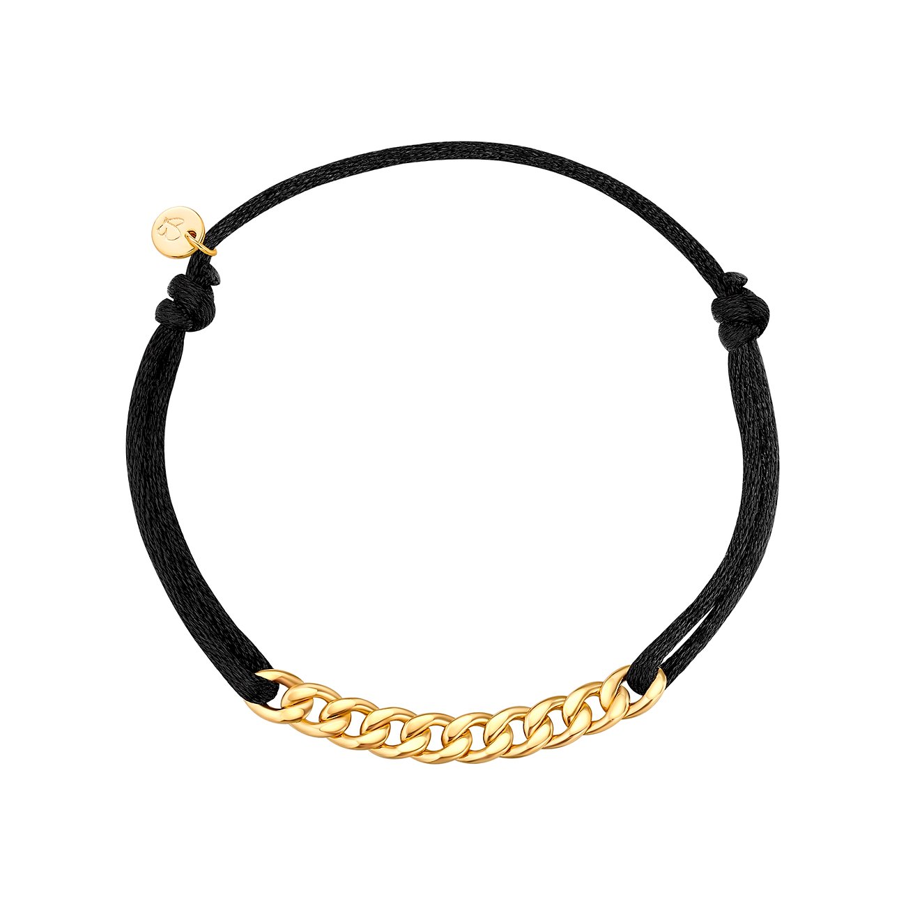 Bracciale Glanzstücke München: Fascia tessile nera con maglie a catena dorate e chiusura a nodo regolabile.