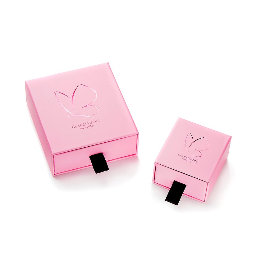 Due scatole regalo rosa, una grande e una piccola, di Glanzstücke München con logo a farfalla su sfondo bianco.