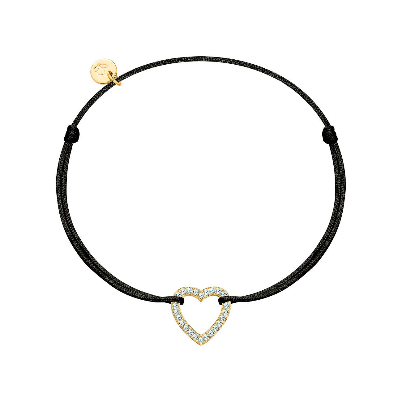 Bracelet Glanzstücke München : bracelet textile noir, pendentif cœur en argent doré avec pierres de couleur zirconium.