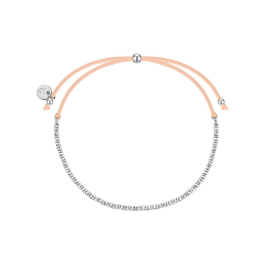 Bracciale Glanzstücke München in argento 925 e nastro tessile beige. Gli elementi della catena a maglie sono lucidati.