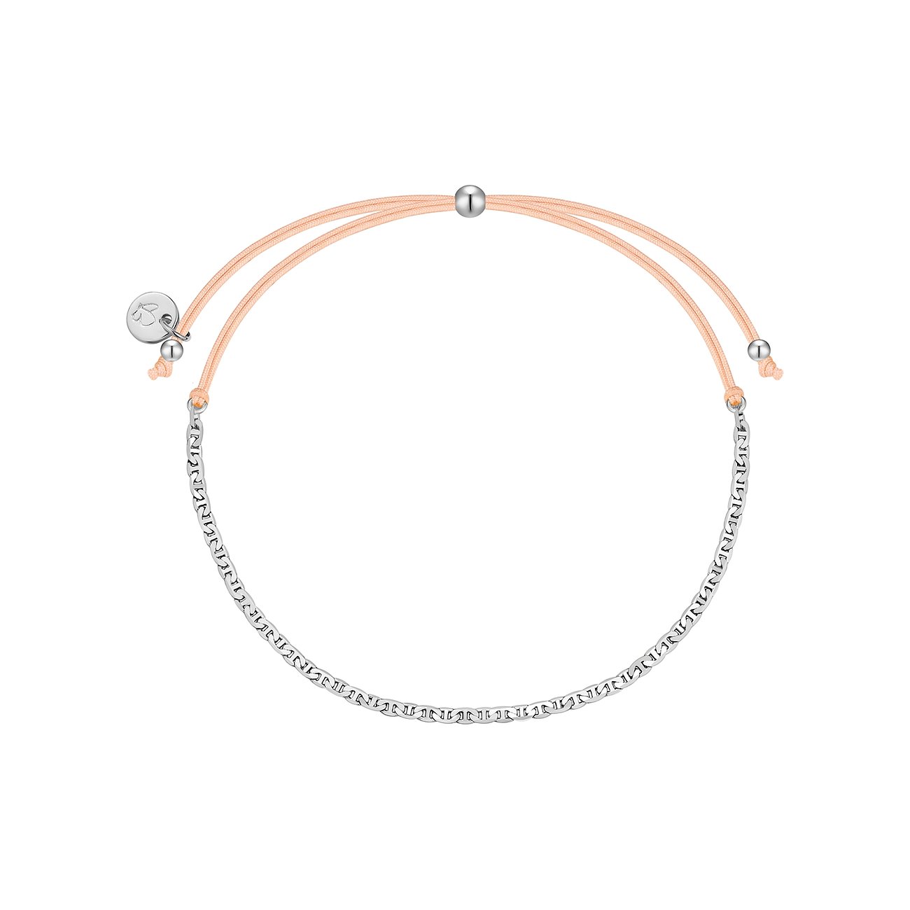 Bracciale Glanzstücke München in argento 925 e nastro tessile beige. Gli elementi della catena a maglie sono lucidati.