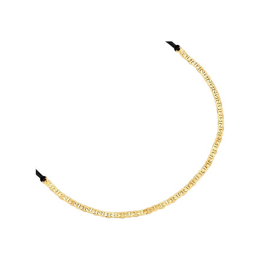 Bracciale Glanzstücke München, un lucido bracciale d'argento color oro tenuto da nastro nero alle estremità.