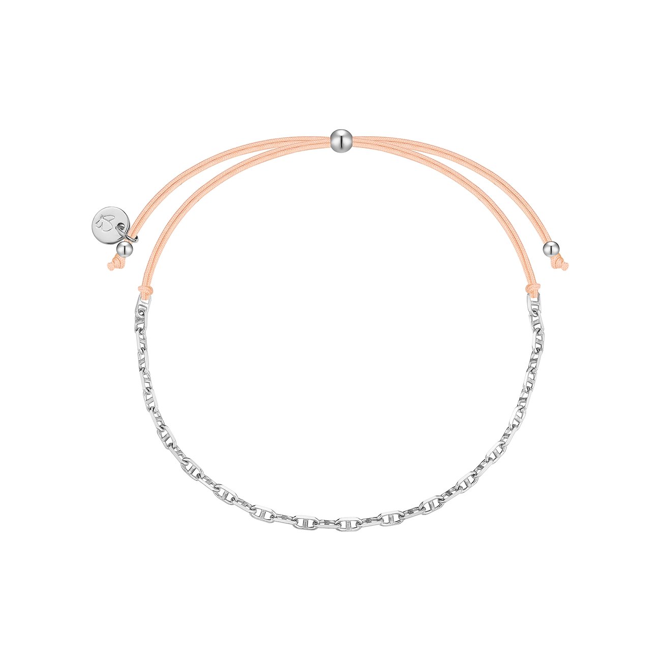 Bracciale Glanzstücke München in argento 925 con catena marinara e nastro tessile color pesca regolabile.