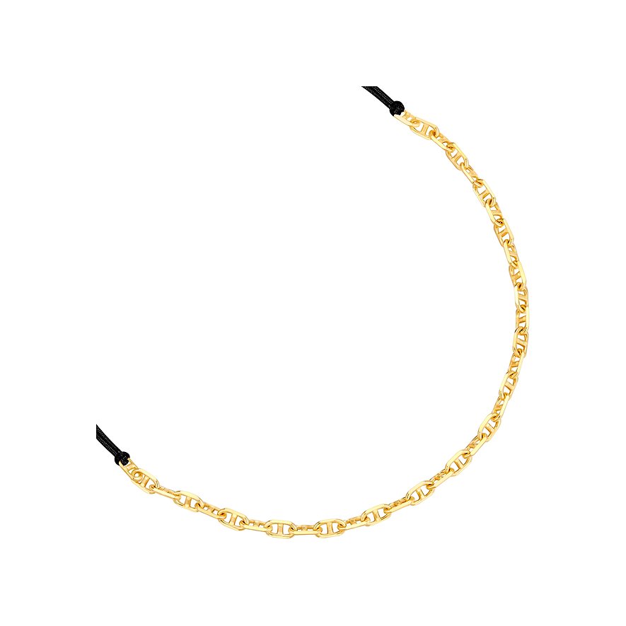 Bracciale Glanzstücke München con catena color oro in argento 925 e nastro tessile nero su sfondo bianco.