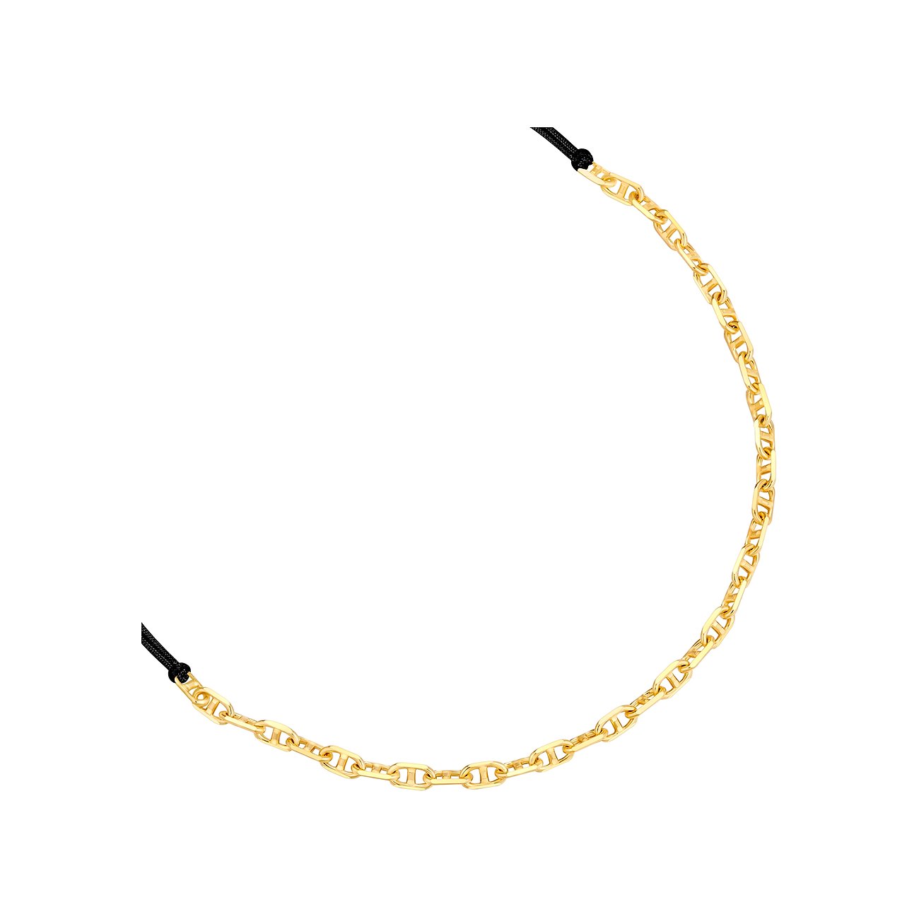 Bracciale Glanzstücke München con catena color oro in argento 925 e nastro tessile nero su sfondo bianco.