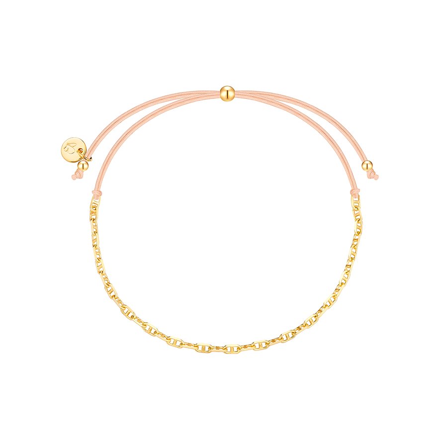 Bracciale Glanzstücke München in argento 925. Metà catena ad ancora dorata e metà cordino rosa con perle d'oro.