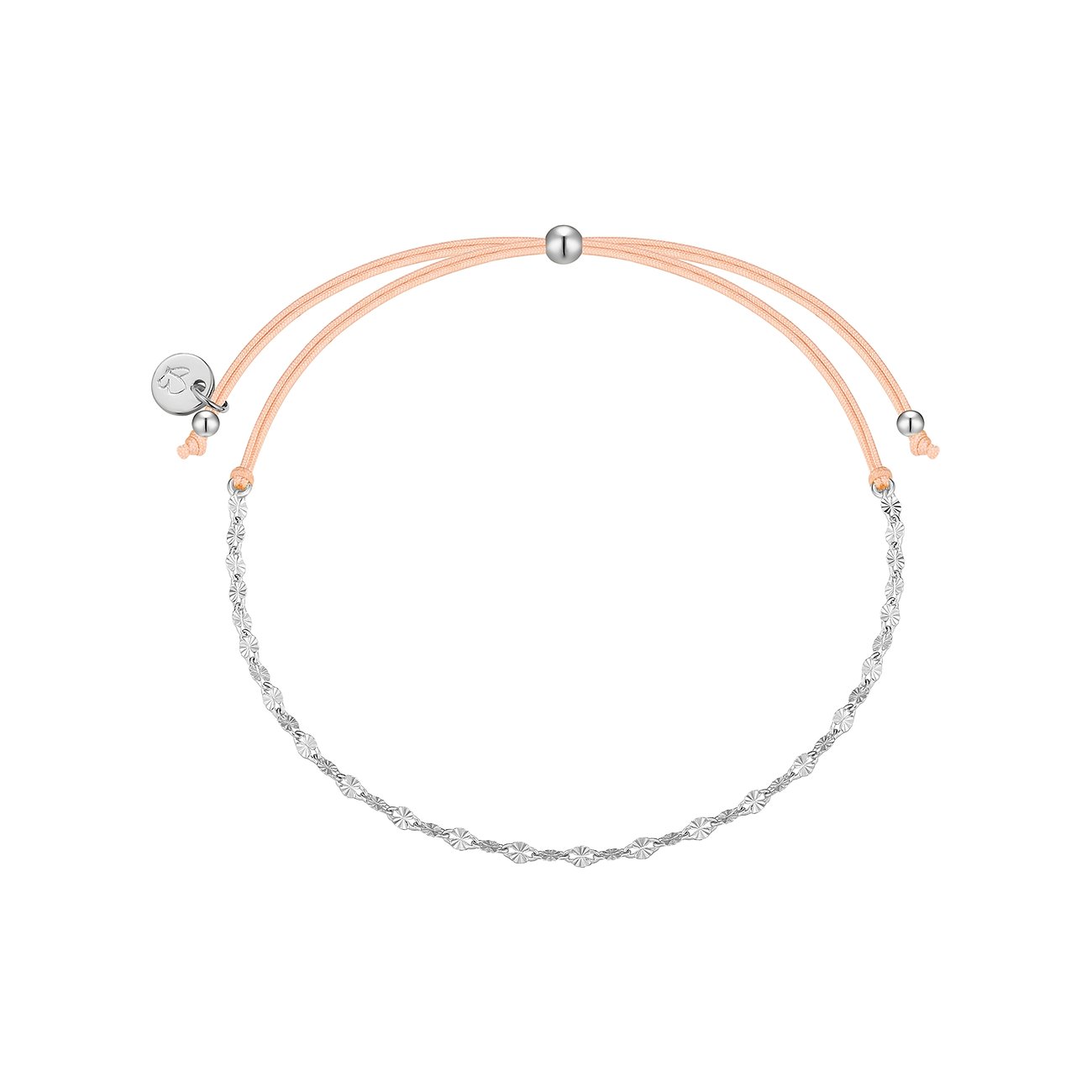 Un bracciale Glanzstücke München in argento 925 e cordino beige, con catena ondulata e chiusure rotonde.