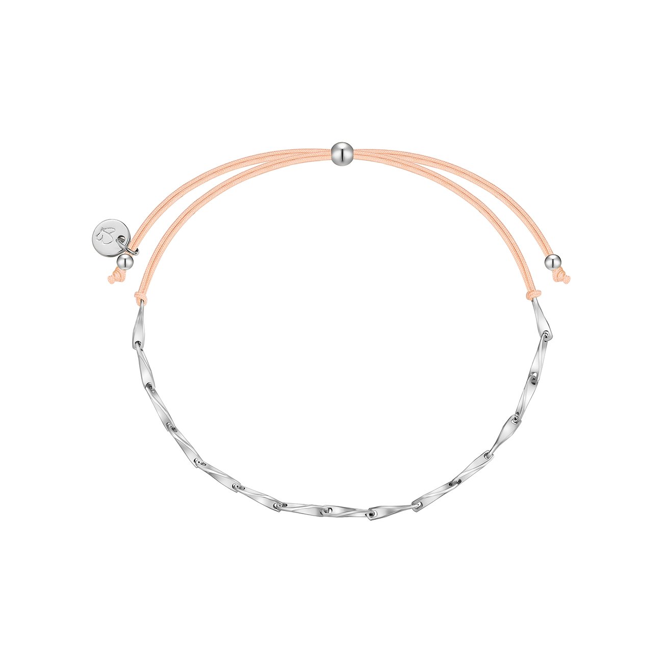 Glanzstücke München Armband aus 925er Silber mit verdrehten Gliedern, befestigt an einem lachsarbenen Textilband.