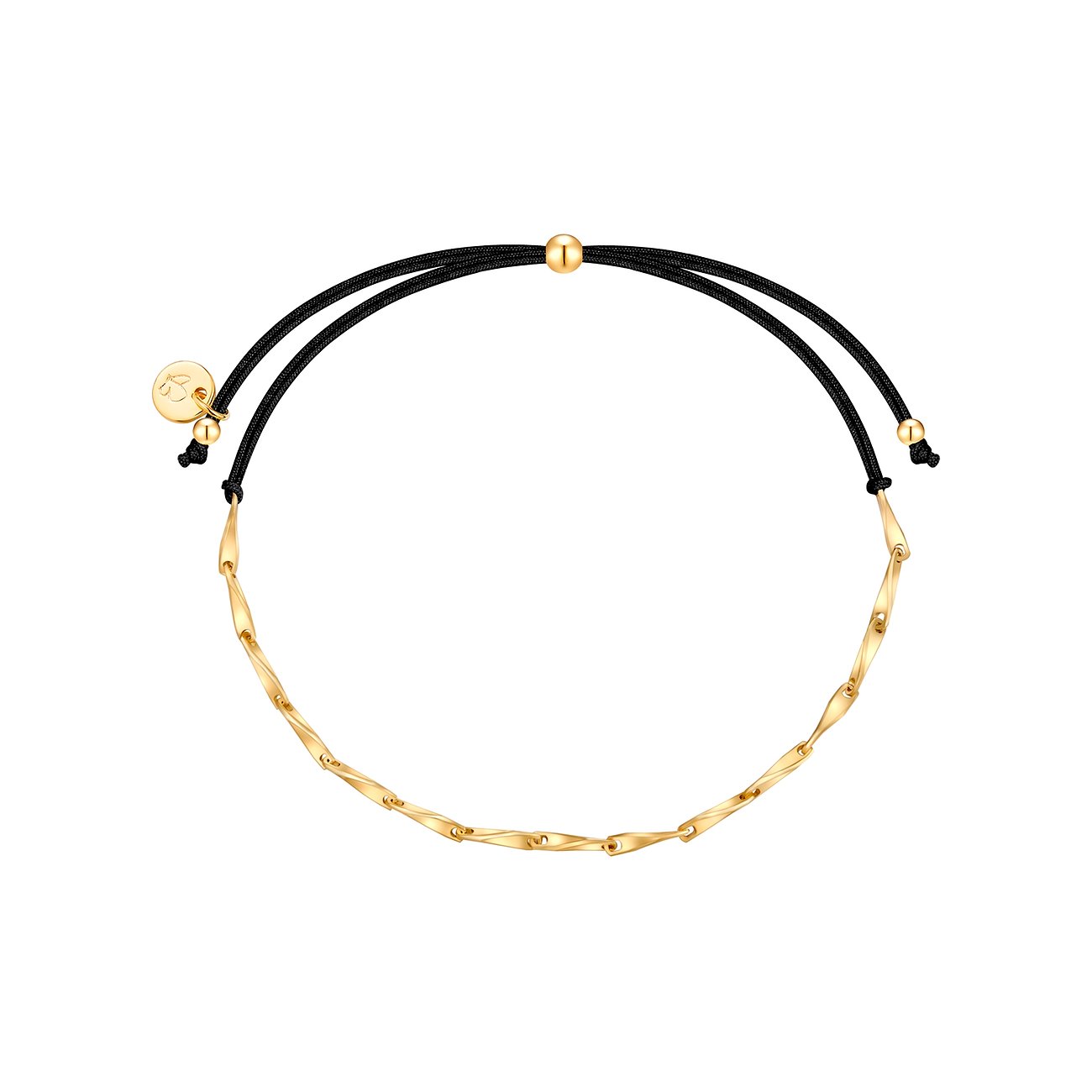 Un bracciale Glanzstücke München lucido color oro con elementi intrecciati unisce un cordino nero.