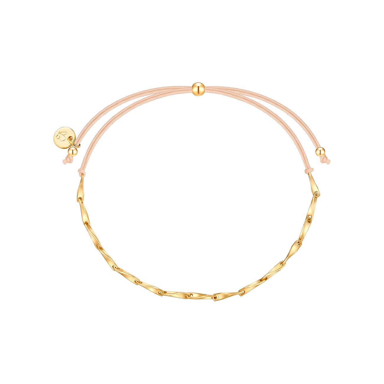 Bracciale Glanzstücke München in argento dorato con elemento tessile rosa e barrette lucide ritorte.