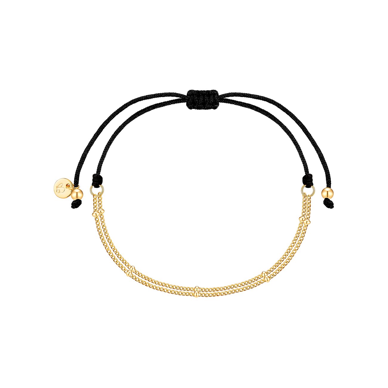 Un bracciale Glanzstücke München dorato in argento con due catene sottili, fissato a un nastro in tessuto nero.