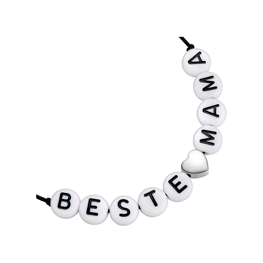 Glanzstücke München Silberarmband: Schwarzes Band mit weißen Perlen, die „BESTE MAMA“ buchstabieren, und einem Silberherz.