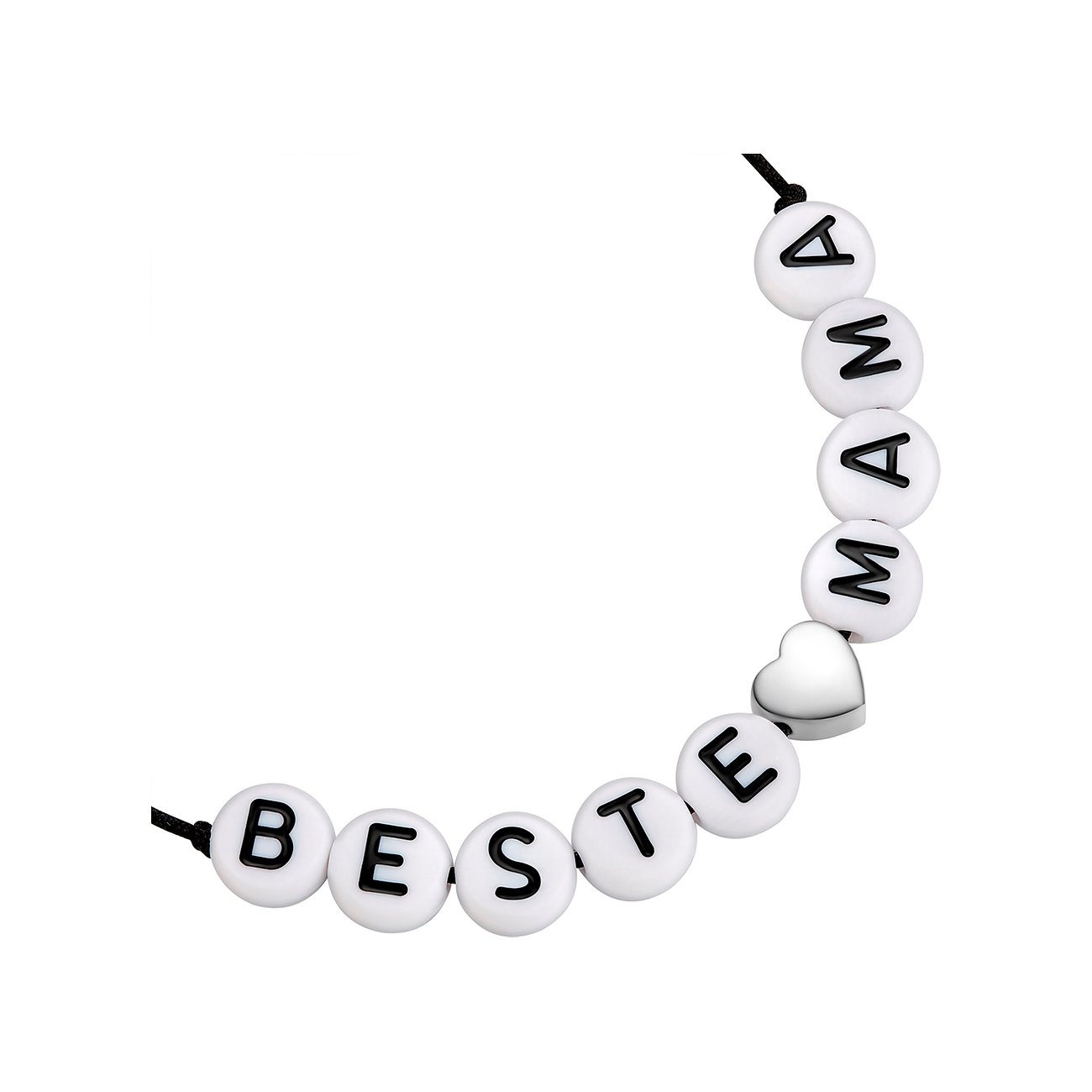 Glanzstücke München Silberarmband: Schwarzes Band mit weißen Perlen, die „BESTE MAMA“ buchstabieren, und einem Silberherz.