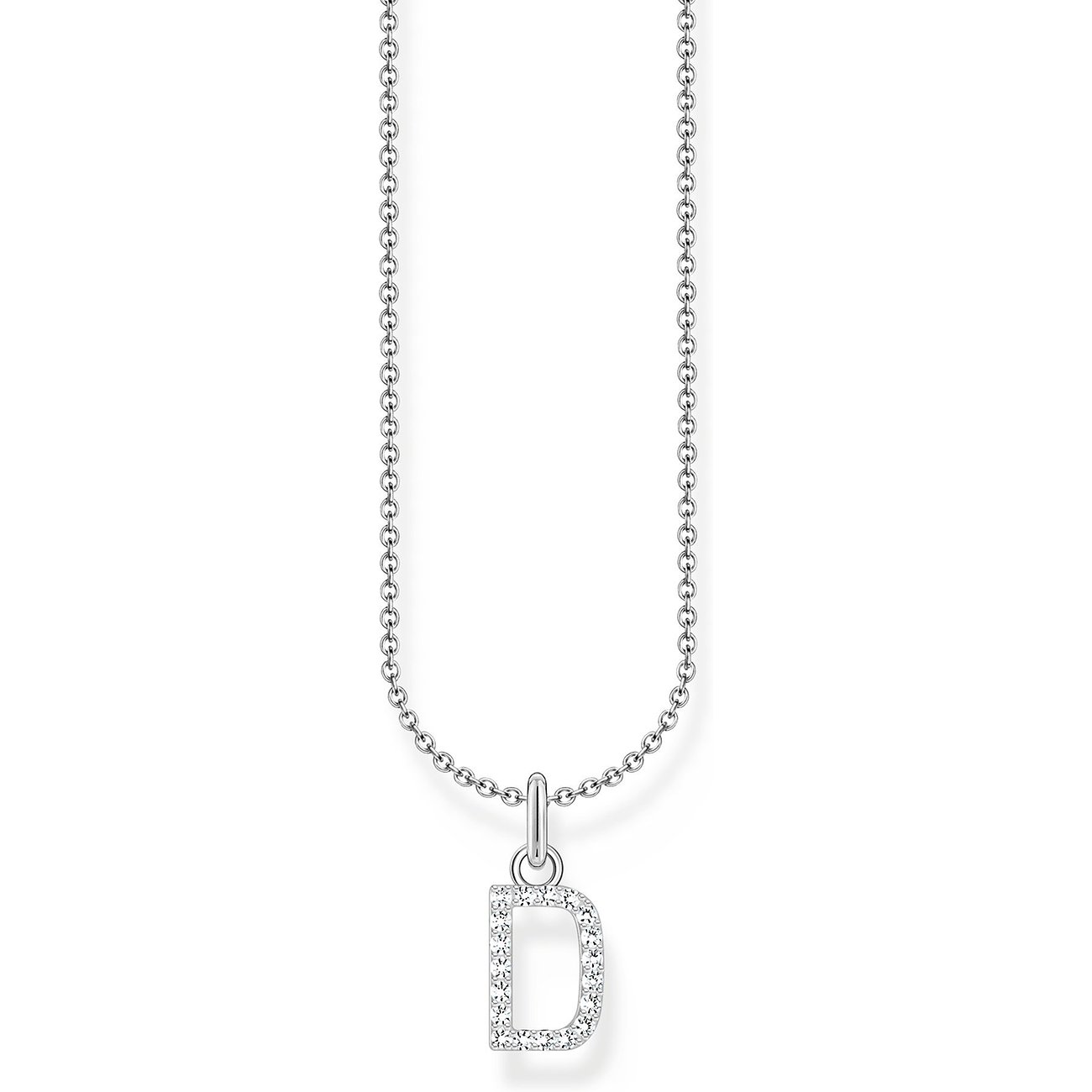 Thomas Sabo Halsschmuck aus Silber: eine dünne Kette mit einem Anhänger in Form des Buchstabens D, besetzt mit Zirkonia.