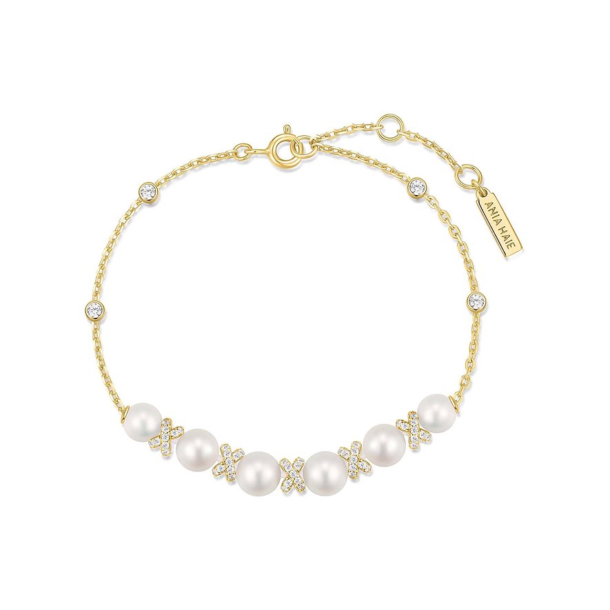 Ania Haie Armband aus goldenem Silber mit weißen Perlen und funkelnden Zirkonia-Akzenten, komplett mit Marken-Anhänger.