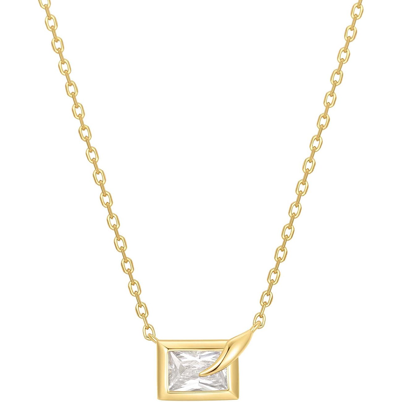 Ania Haie sterling zilveren ketting met goudkleurige afwerking en rechthoekige zirkonia kleursteen in een zetting.