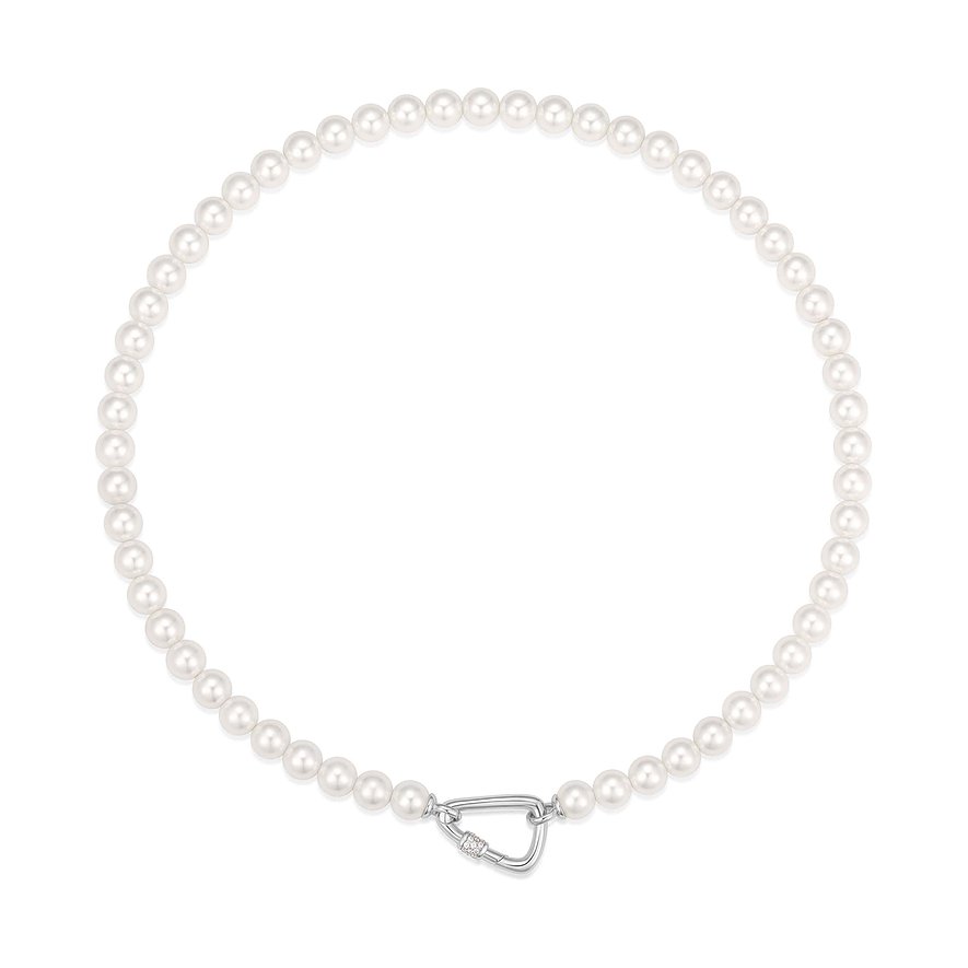 Ania Haie zilveren parelketting met karabijnsluiting en zirkonia kleurster.