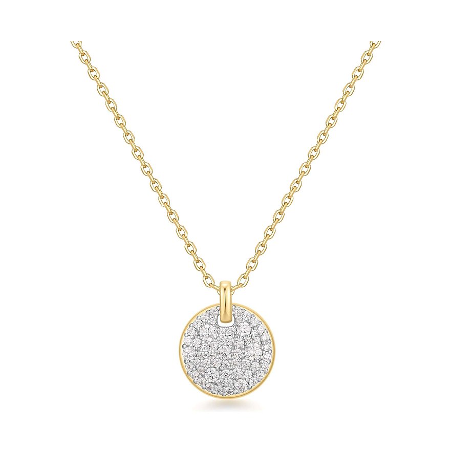 Ania Haie 925 zilveren ketting met ronde, goudkleurige hanger en vele heldere zirkonia stenen.