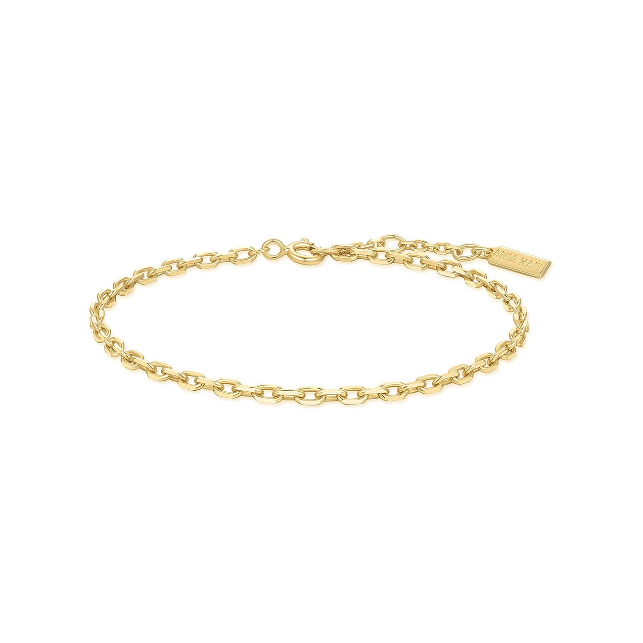 Ania Haie armband van verguld 925 sterling zilver met fijne ankerketting en graveerplaatje.