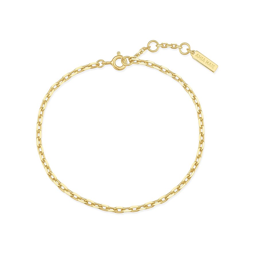 Ania Haie armband van verguld 925 sterling zilver. Slanke ketting met cirkel, sluiting en merklabel.