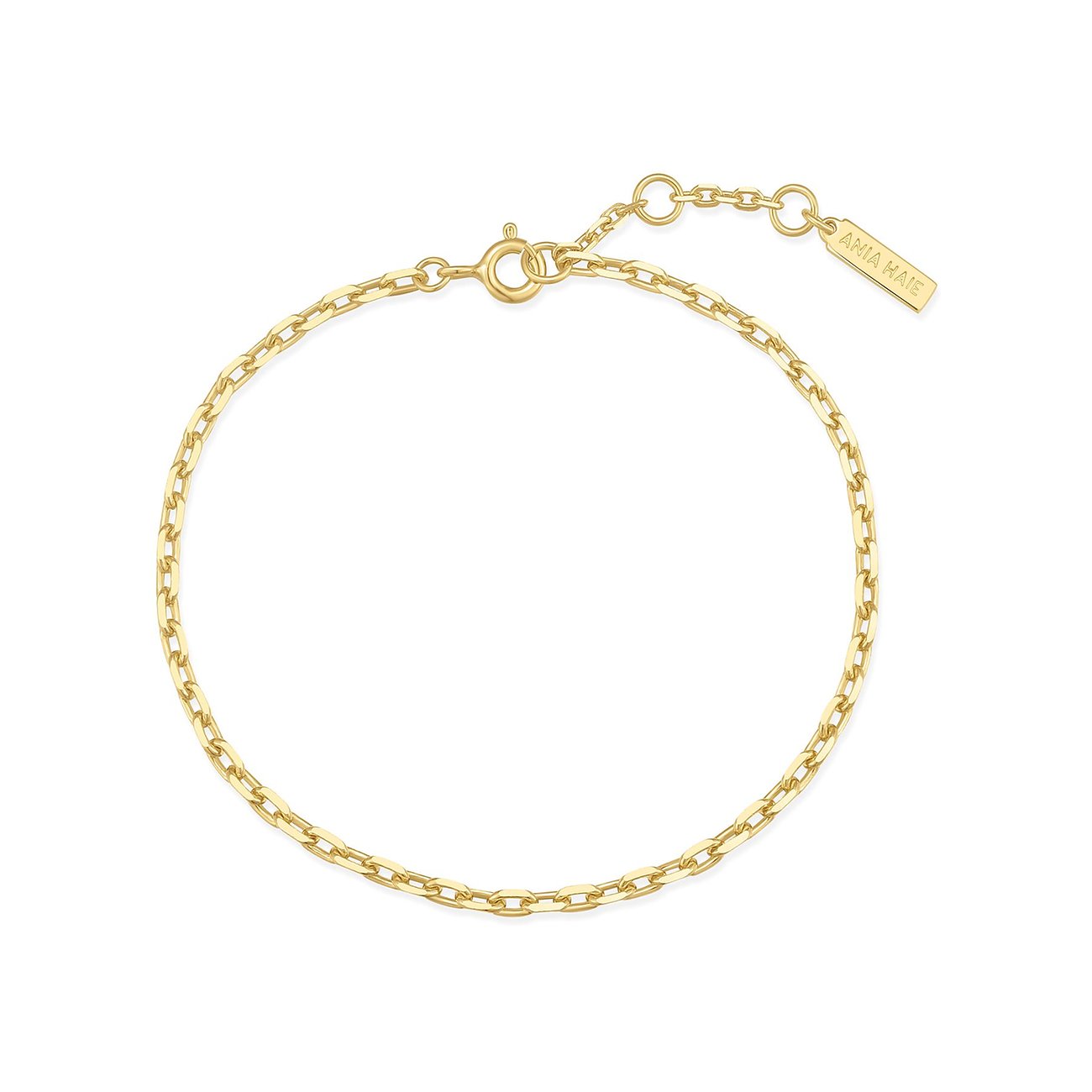 Ania Haie armband van verguld 925 sterling zilver. Slanke ketting met cirkel, sluiting en merklabel.