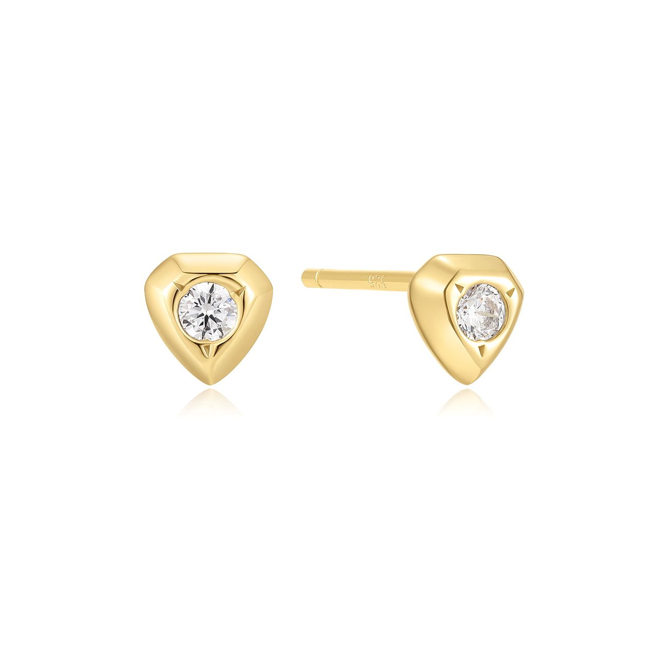 Puces d'oreilles Ania Haie en argent plaqué or avec zircone. Forme triangulaire dorée, pierre claire.