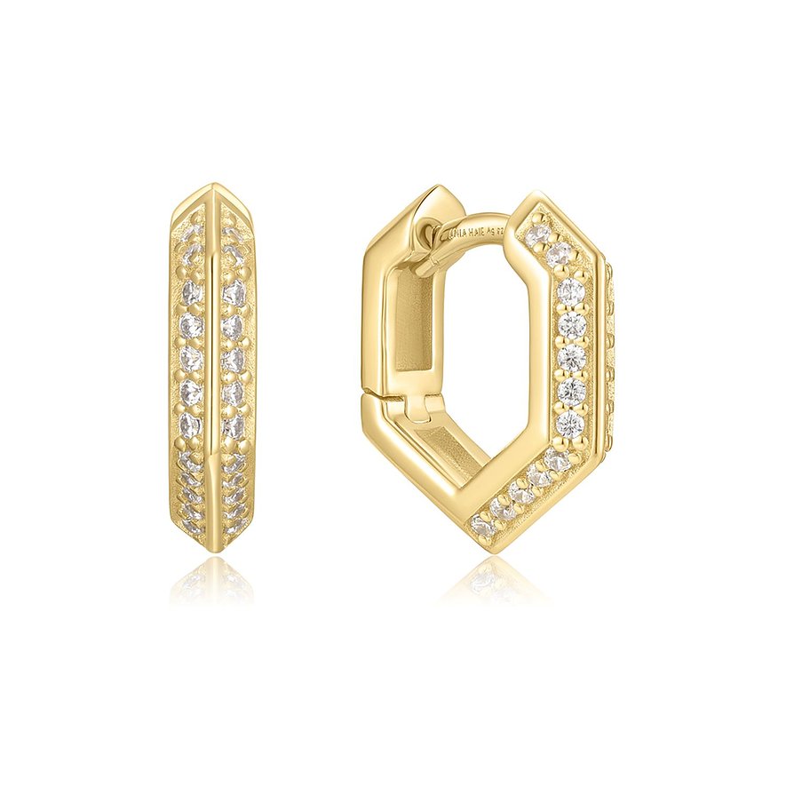 Boucles d'oreilles Ania Haie en argent 925, hexagonales, couleur or, serties de zircones scintillantes.