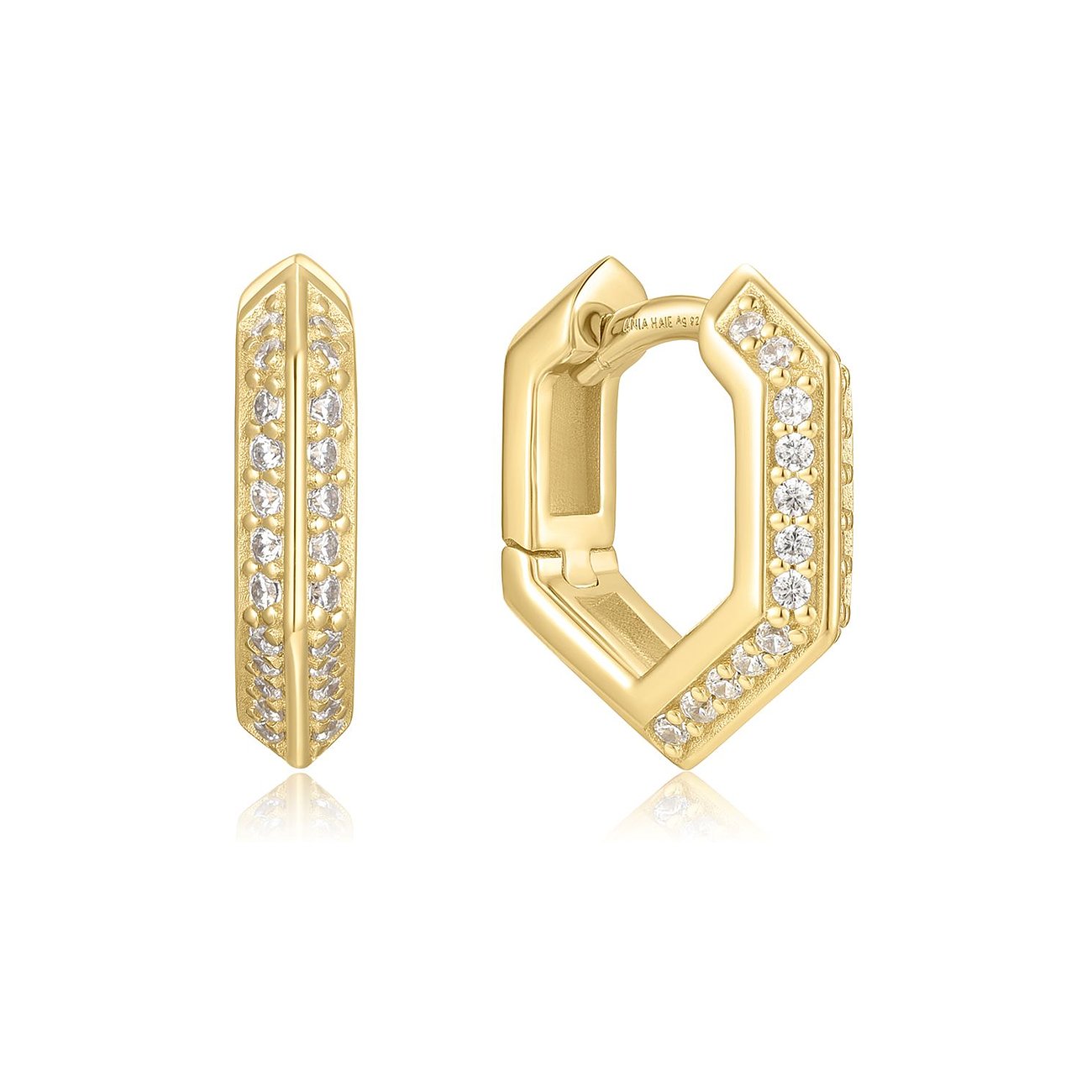 Boucles d'oreilles Ania Haie en argent 925, hexagonales, couleur or, serties de zircones scintillantes.