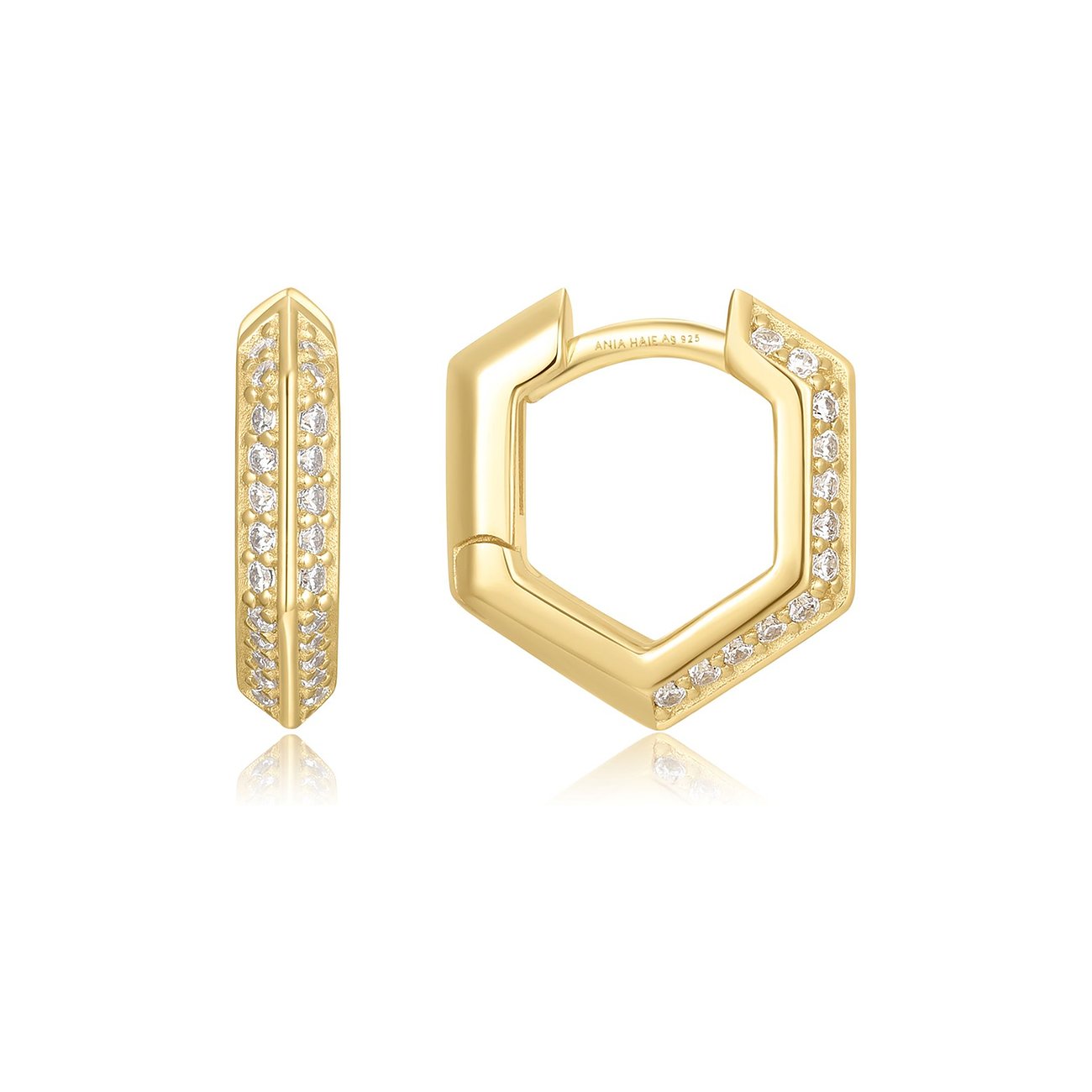 Boucles d'oreilles Ania Haie or/argent, hexagonales, zircons, une ouverte de face, l'autre de côté