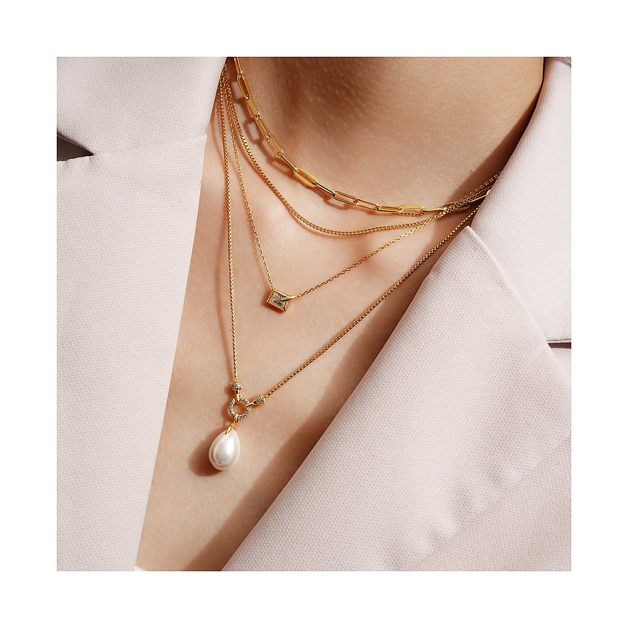 Ania Haie halskettingenset, goudkleurig zilver: schakelketting, ketting met vierkante steen, ketting met ovale parel.