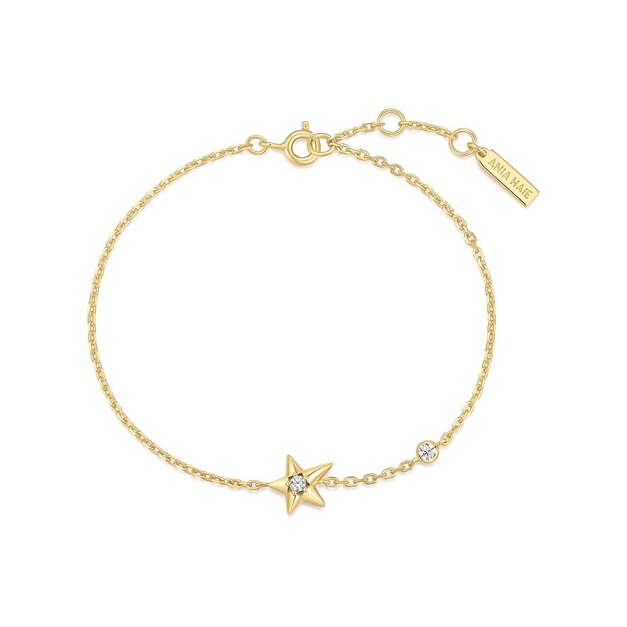 Ania Haie Armband aus vergoldetem Silber mit einer mittigen Sternform und einem runden Zirkonia Farbstein.