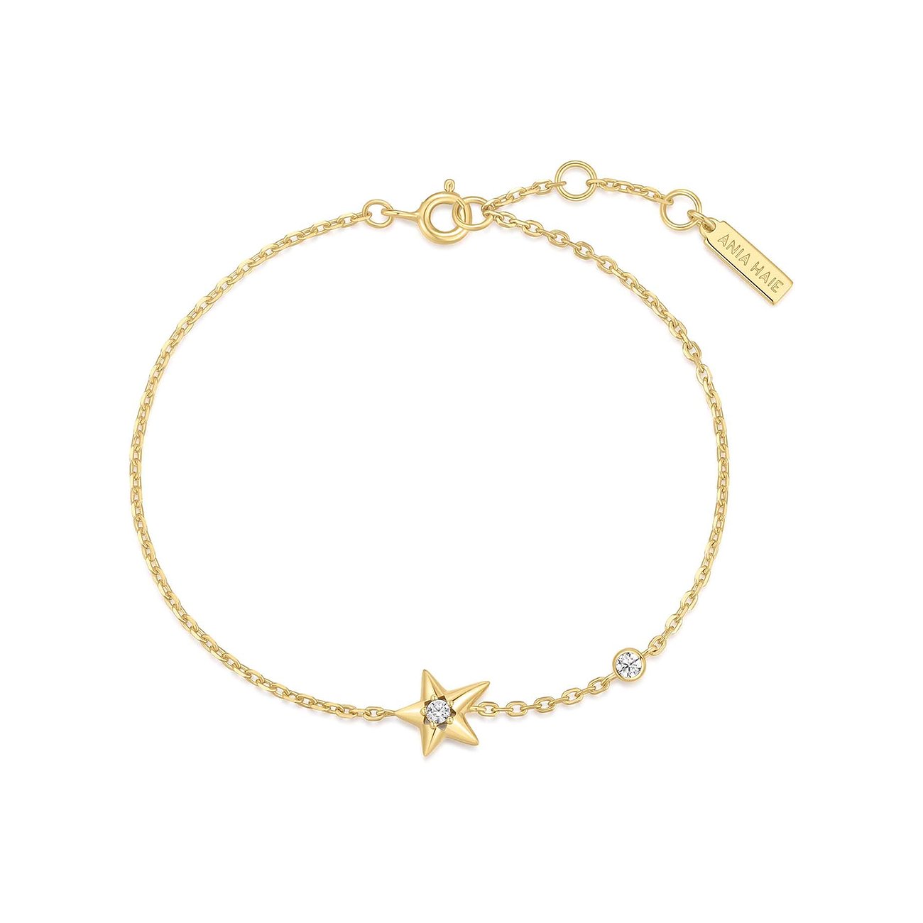 Ania Haie Armband aus vergoldetem Silber mit einer mittigen Sternform und einem runden Zirkonia Farbstein.