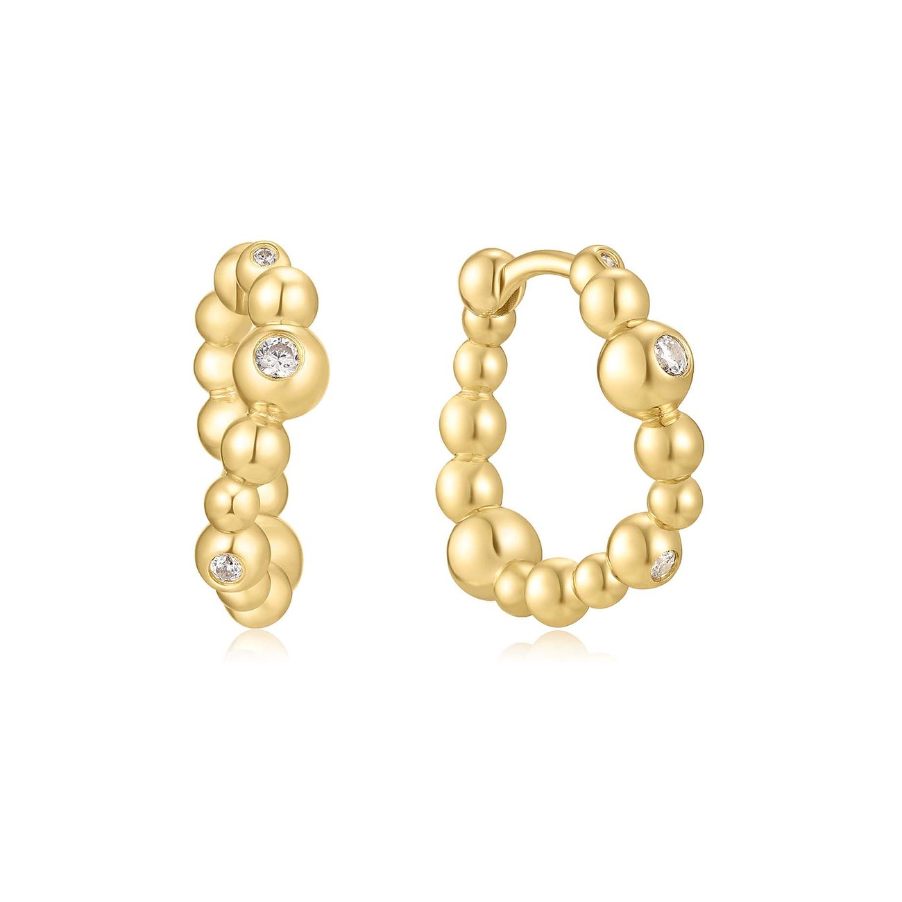 Boucles d'oreilles Ania Haie en argent doré avec zircons sphériques, descendant de gauche à droite.