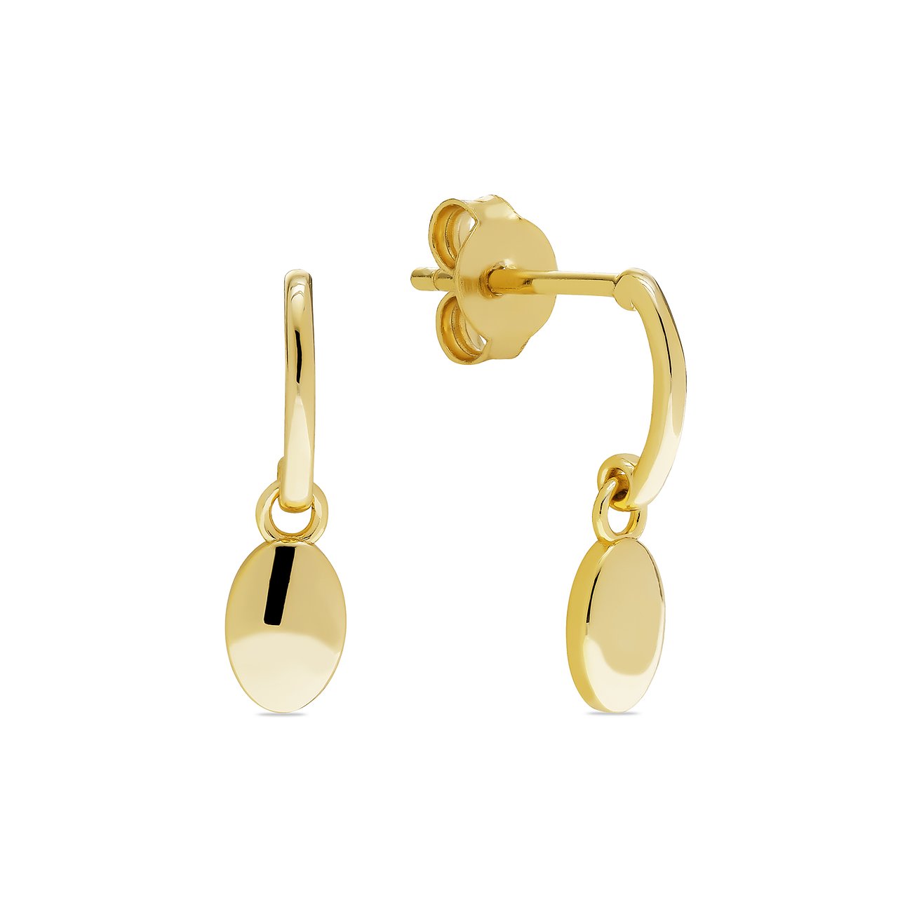 FAVS Ohrschmuck aus glänzendem vergoldetem Silber 925 mit kleiner ovaler Plakette, von vorne fotografiert.