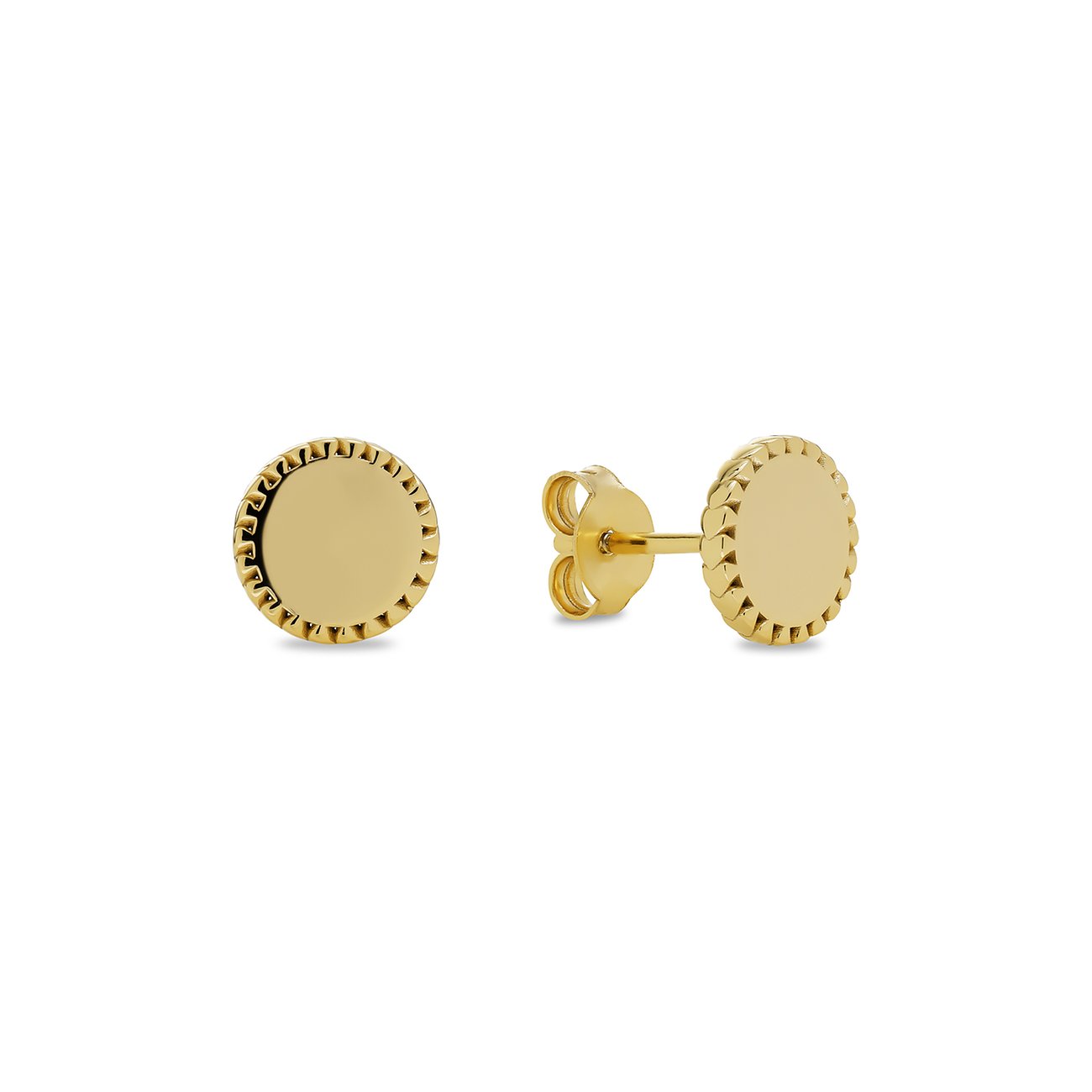 FAVS Ohrschmuck aus vergoldetem Silber, runde Stecker mit zackigem Rand, Nahaufnahme.
