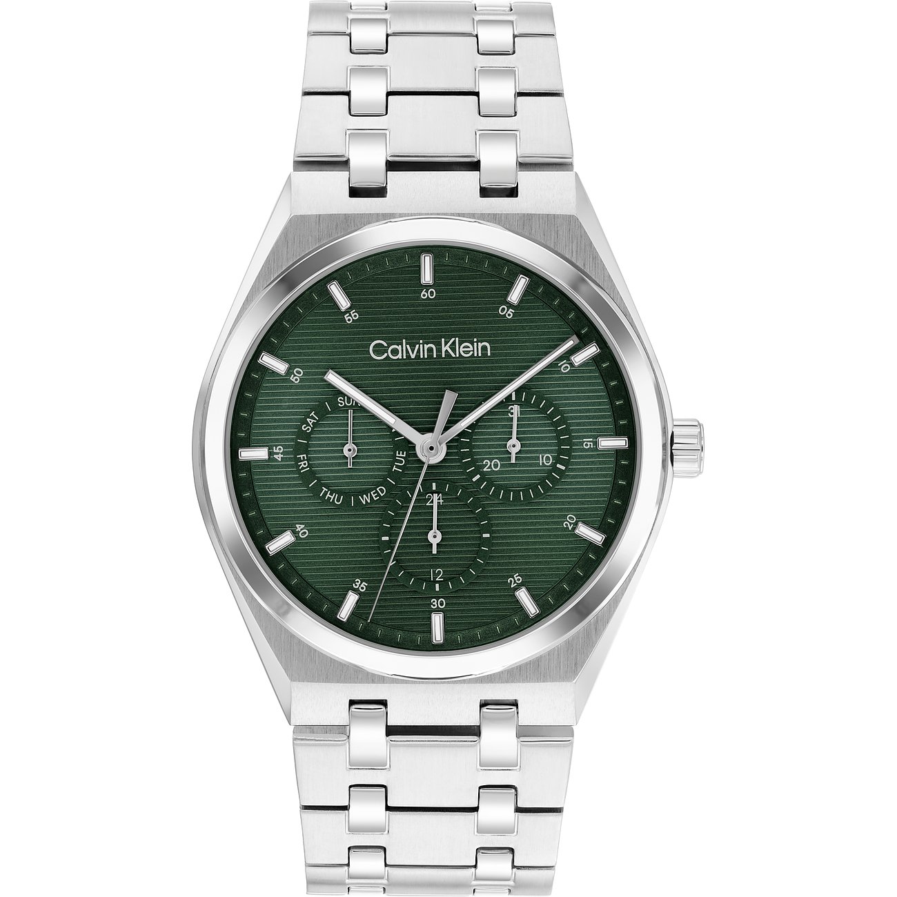 Eine Calvin Klein Herrenuhr aus Edelstahl mit grünem Zifferblatt und silberfarbenen Zeigern.