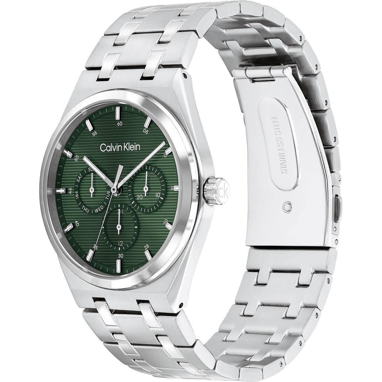 Eine Calvin Klein Herrenuhr aus Edelstahl mit einem dunkelgrünen Zifferblatt und Chronographenfunktionen.