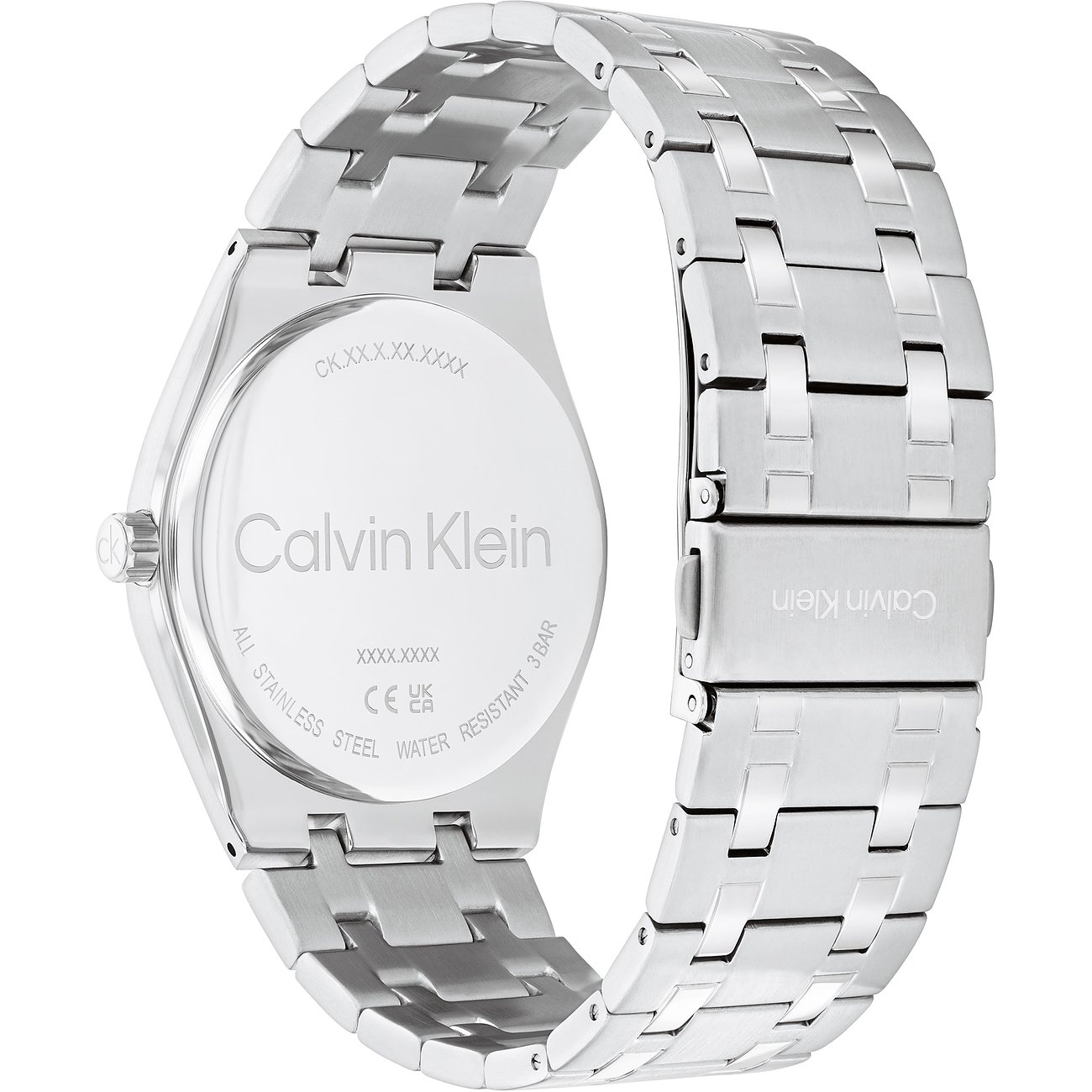 Rückseite einer Calvin Klein Herrenuhr aus Edelstahl mit eingraviertem Markenlogo und technischen Details.