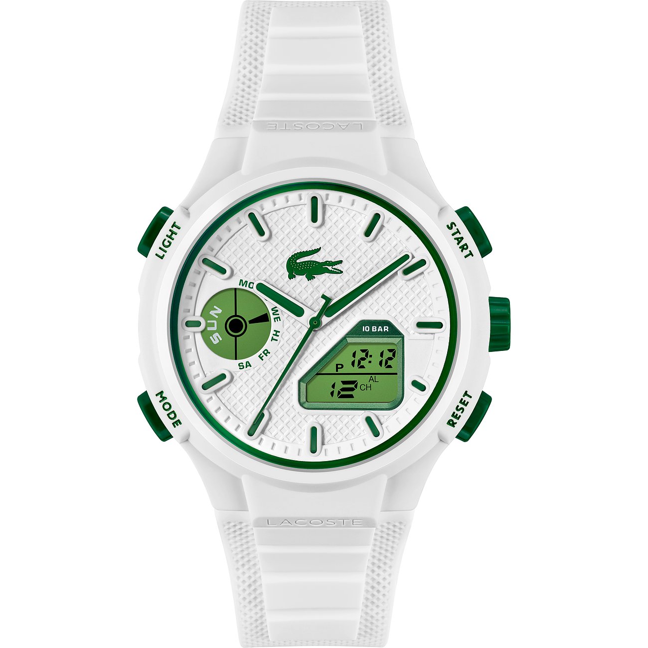 Lacoste Herrenuhr mit weißem Kunststoffarmband und weißem Zifferblatt mit grünen Akzenten.