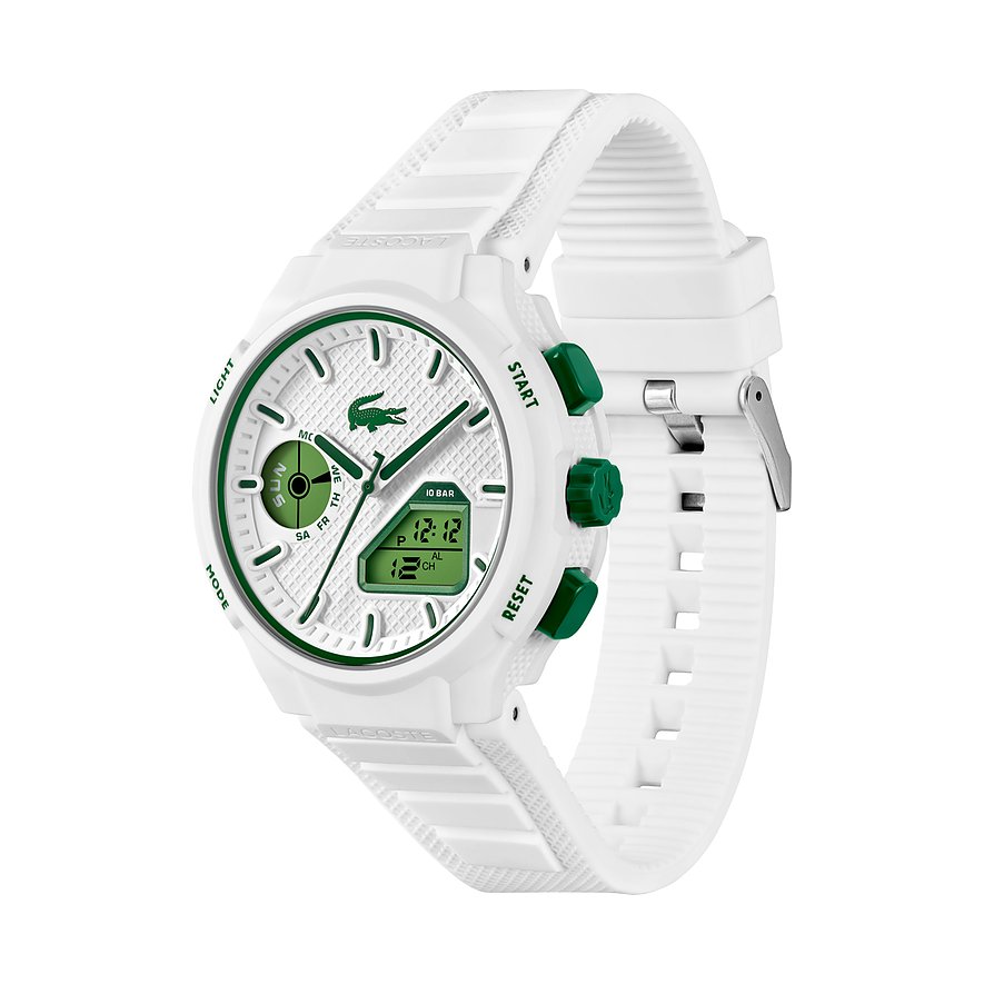 Lacoste Herrenuhr aus weißem Kunststoff und Edelstahl mit grünem Zifferblatt und grünen Kontrollknöpfen.