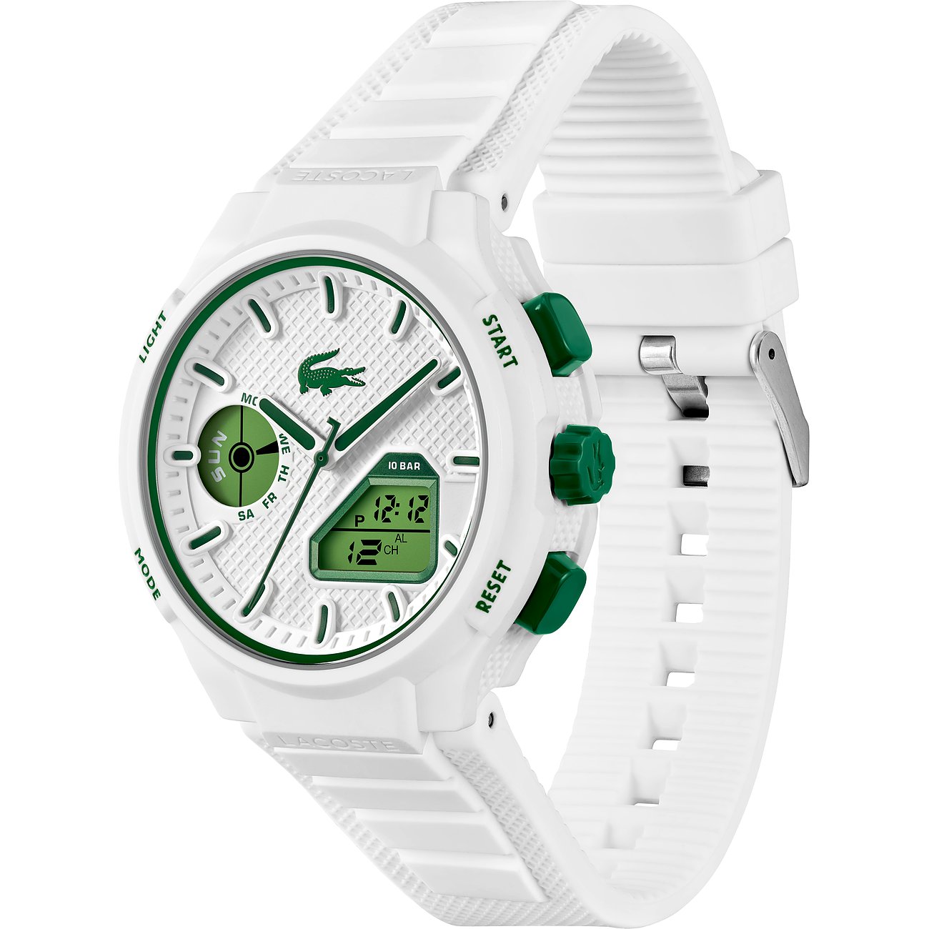 Lacoste Herrenuhr aus weißem Kunststoff und Edelstahl mit grünem Zifferblatt und grünen Kontrollknöpfen.