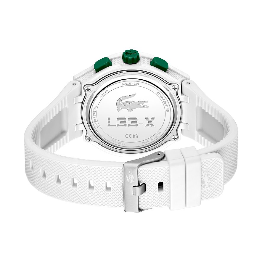 Rückansicht der Lacoste Herrenuhr mit weißem Kunststoffarmband und Gehäuseboden aus Edelstahl.