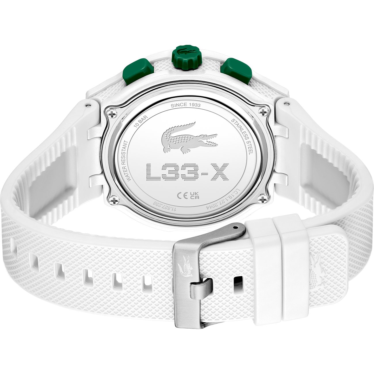Rückansicht der Lacoste Herrenuhr mit weißem Kunststoffarmband und Gehäuseboden aus Edelstahl.