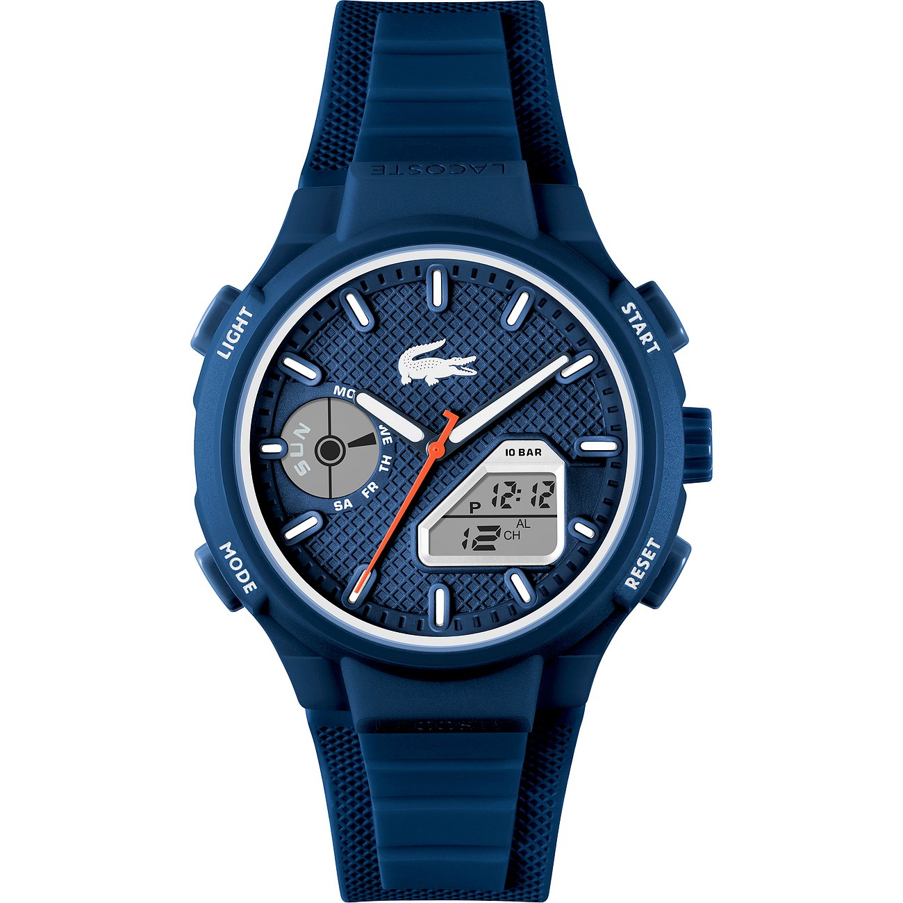 Eine Lacoste Herrenuhr mit blauem Kunststoffarmband und Zifferblatt mit digitaler und analoger Anzeige.